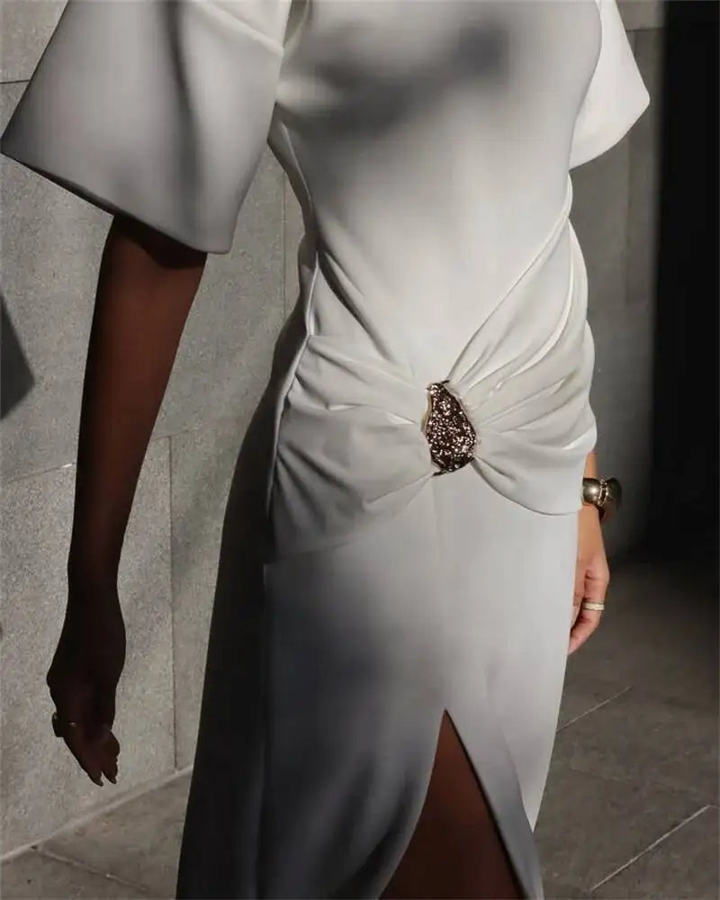🍒Short sleeve maxi dress  ruched outfit brown women side split occasion dress with belt metal fashion o-neck club party wear occasion white long dresses Paint The Town Red In Brown
