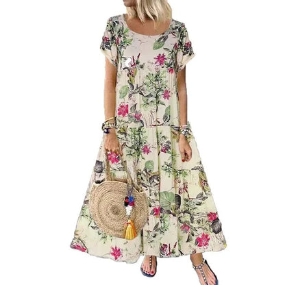 🍒Women's round neck short sleeve dress loose waist linen A-Linen out fit maxi length casual summer wear floral fashion Flattering Floral