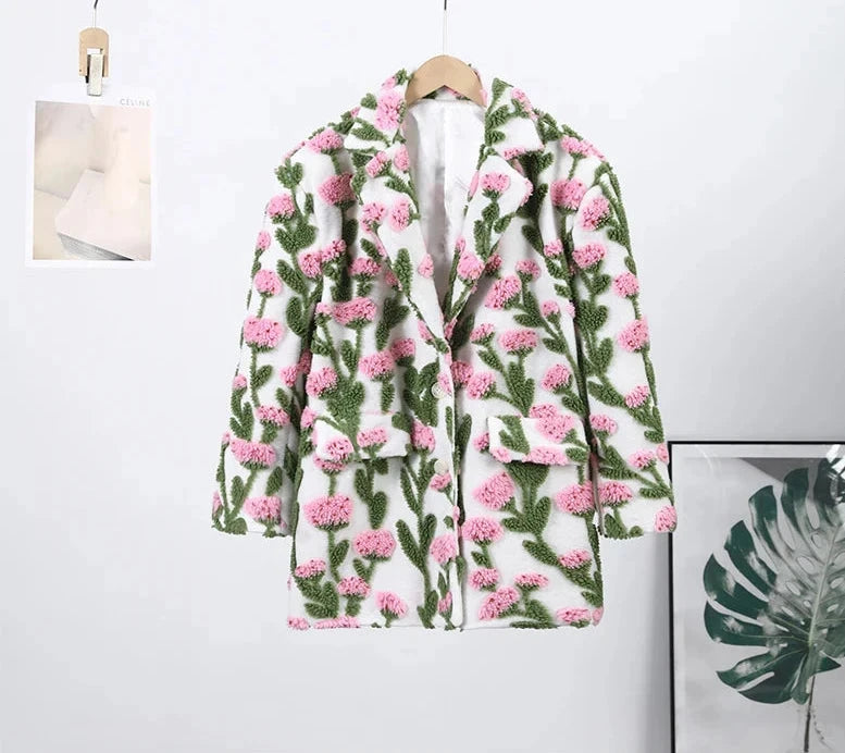🍒Flower fleece jacket woman loose lapel long sleeve coat single breasted casual coat unique 3D floral outerwear clothing  Floral Fashion Fun Fleece