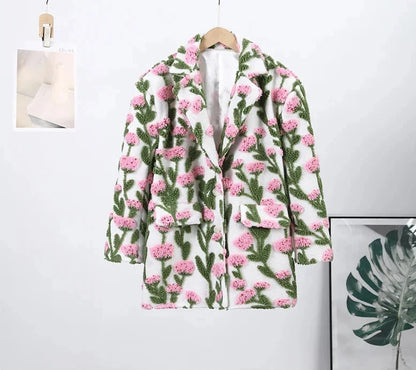 🍒Flower fleece jacket woman loose lapel long sleeve coat single breasted casual coat unique 3D floral outerwear clothing  Floral Fashion Fun Fleece