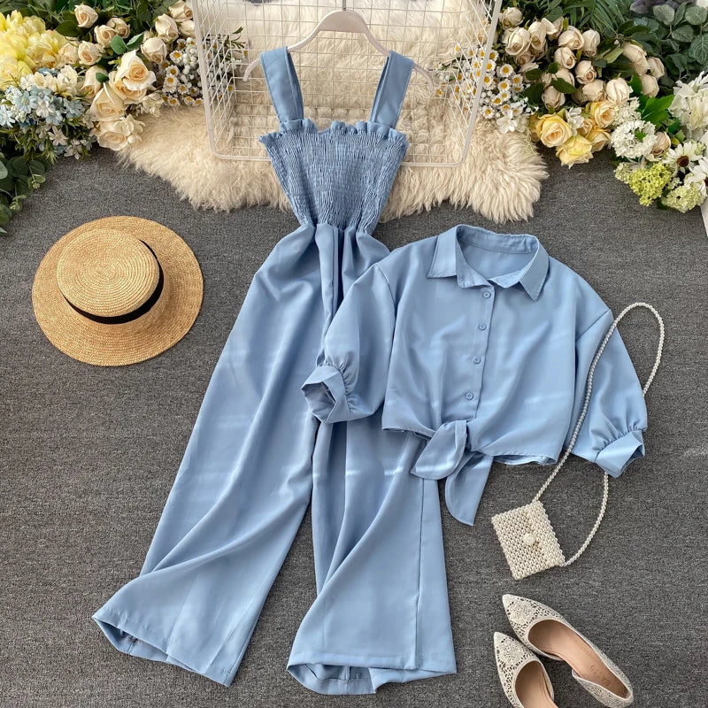 🍒Two piece clothing sets high waisted jumpsuit smart casual women and short sleeve blouse crop top female fashion wears  Y2k style clothing Jump On This Suit