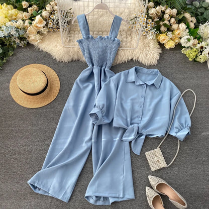 🍒Two piece clothing sets high waisted jumpsuit smart casual women and short sleeve blouse crop top female fashion wears  Y2k style clothing Jump On This Suit