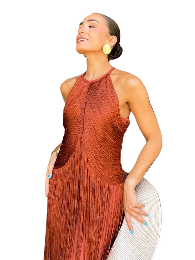 🍒Multi-layer tassel dress women's solid o-neck sleeveless cocktail dress elegant female fashion ball party outfit occasion wear club wear holiday beach party wear No Tossle Tassle