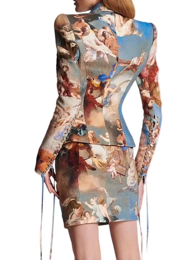🍒Womens vintage printed blazer long sleeve button Jacket plus cross lace-up mini slim skirts sets evening wear clothing cherub classic print suit occasion party wear CROSS out boring SUITs on your list and get CLASSIC
