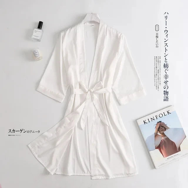 🍒女士裹身长袍白色婚纱新娘晨袍女士3/4袖睡衣宽松睡裙女性真丝缎面和服浴袍内衣 对旧睡袍说再见