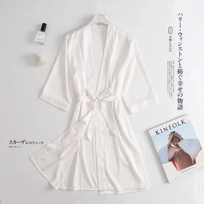🍒女士裹身长袍白色婚纱新娘晨袍女士3/4袖睡衣宽松睡裙女性真丝缎面和服浴袍内衣 对旧睡袍说再见