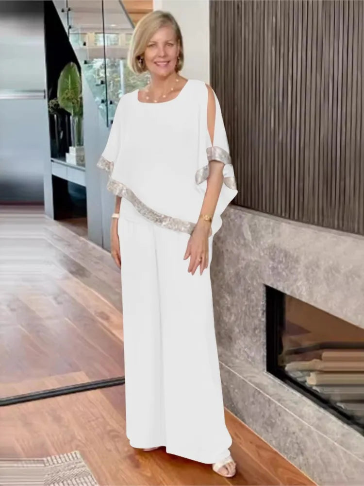 🍒Tweedelige pak o-hals top en broekstel vir vroue somer mode paillette vlermuismou top wye pyp broek geleentheid partytjiedrag Kry 'n oop skouer en warm jou hart