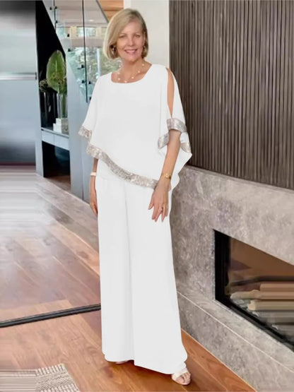 🍒Tweedelige pak o-hals top en broekstel vir vroue somer mode paillette vlermuismou top wye pyp broek geleentheid partytjiedrag Kry 'n oop skouer en warm jou hart