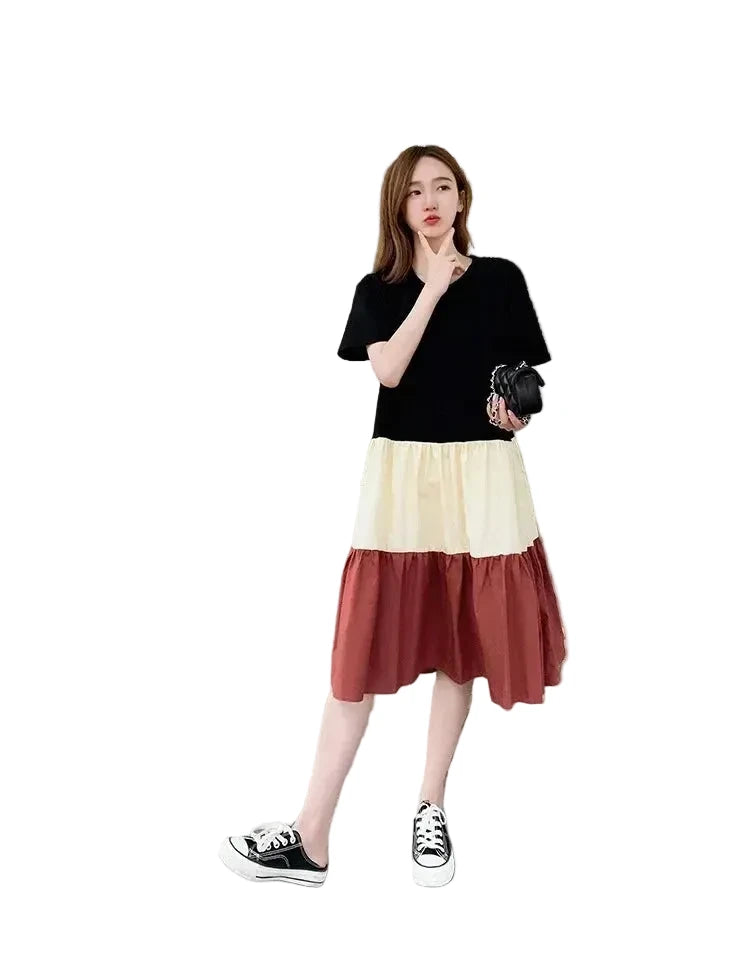 🍒T-shirt dress women colour block outfit loose fit plus size summer fashion stripe clothing stylish medium length over knee a-line fashion wear holiday wear Blocks Of Style