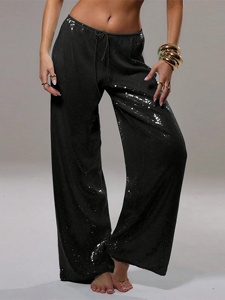 🍒Sequined pants for women high waist tie up ankle-length loose trousers spring summer Fashion smart casual clothing female Y2k style Sequ-Win