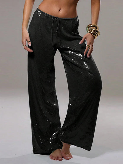 🍒Sequined pants for women high waist tie up ankle-length loose trousers spring summer Fashion smart casual clothing female Y2k style Sequ-Win