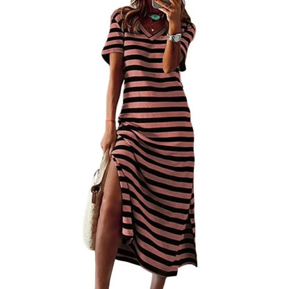 🍒Dames V-nek lang rok strepiesdruk mode alledaagse drag buitemuurse los kortmou rok lente somer gemaklike drag Soos 'n Streep