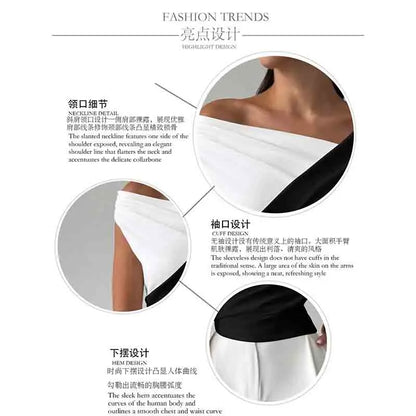 🍒时尚办公室女装斜领无袖单肩上衣 女士优雅夏季衬衫 白色黑色露肩上衣 度假装 智能休闲度假服饰 不容错过 闭合此垂坠设计