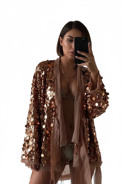 🍒Sequins bow tie jacket party long sleeve fashion short coat womens glitter party wear v-neck female long sleeve loose tops They Will SE'A Green When You Shimmer In This Winner