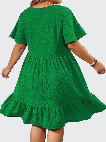 🍒Short sleeve dress plus size fashion over knee outfit round neck short sleeve frilled  fashion wear loose casual cheese cloth clothing women   Cheese Ease