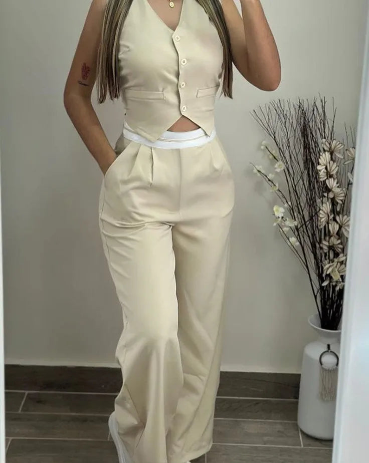 🍒Elegant two piece sets for women summer fashion wear buttoned vest top and high waist wide leg pants with pockets straight leg trouser set Run Over This Double Line No Penalty