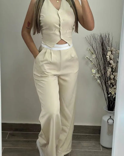 🍒Elegant two piece sets for women summer fashion wear buttoned vest top and high waist wide leg pants with pockets straight leg trouser set Run Over This Double Line No Penalty