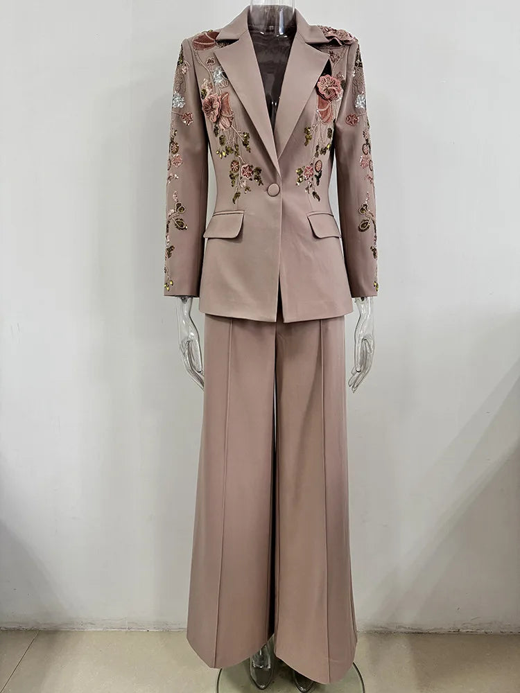 🍒Women's 2 piece occasion wear suit beaded set 3d flower Jacket Coat plus wide-leg pants female fashion clothes Plant This Floral In Your Basket