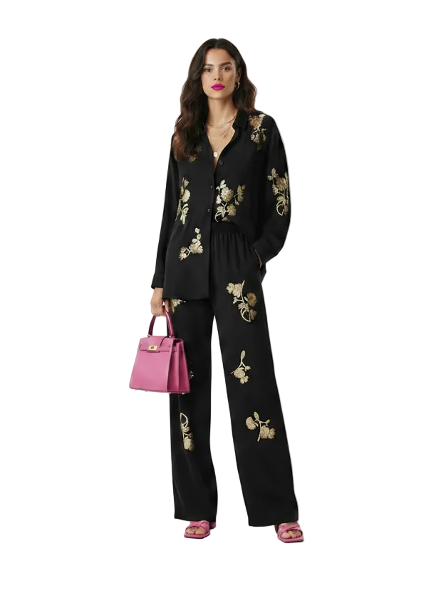 🍒Sequin two piece set long sleeve shirt top with elasticated waist party trousers smart casual clothing occasion outfit for women holiday vacation clothes for beach party Suitable Satin