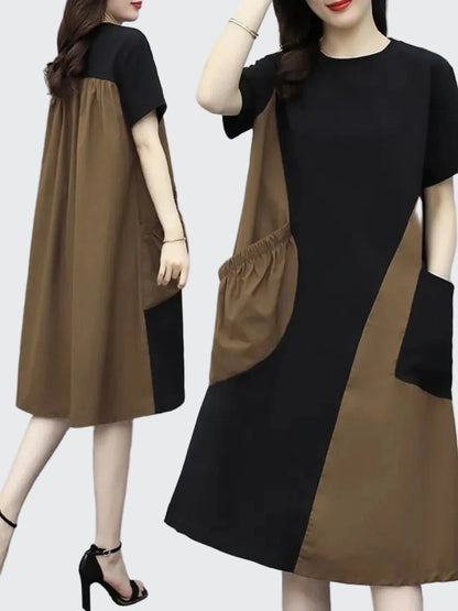 🍒Street style fashion dress t-shirt style short sleeve round neck outfit smart casual women's patchwork and pocket summer wear Patch Up Your Fashion And pocket the Change
