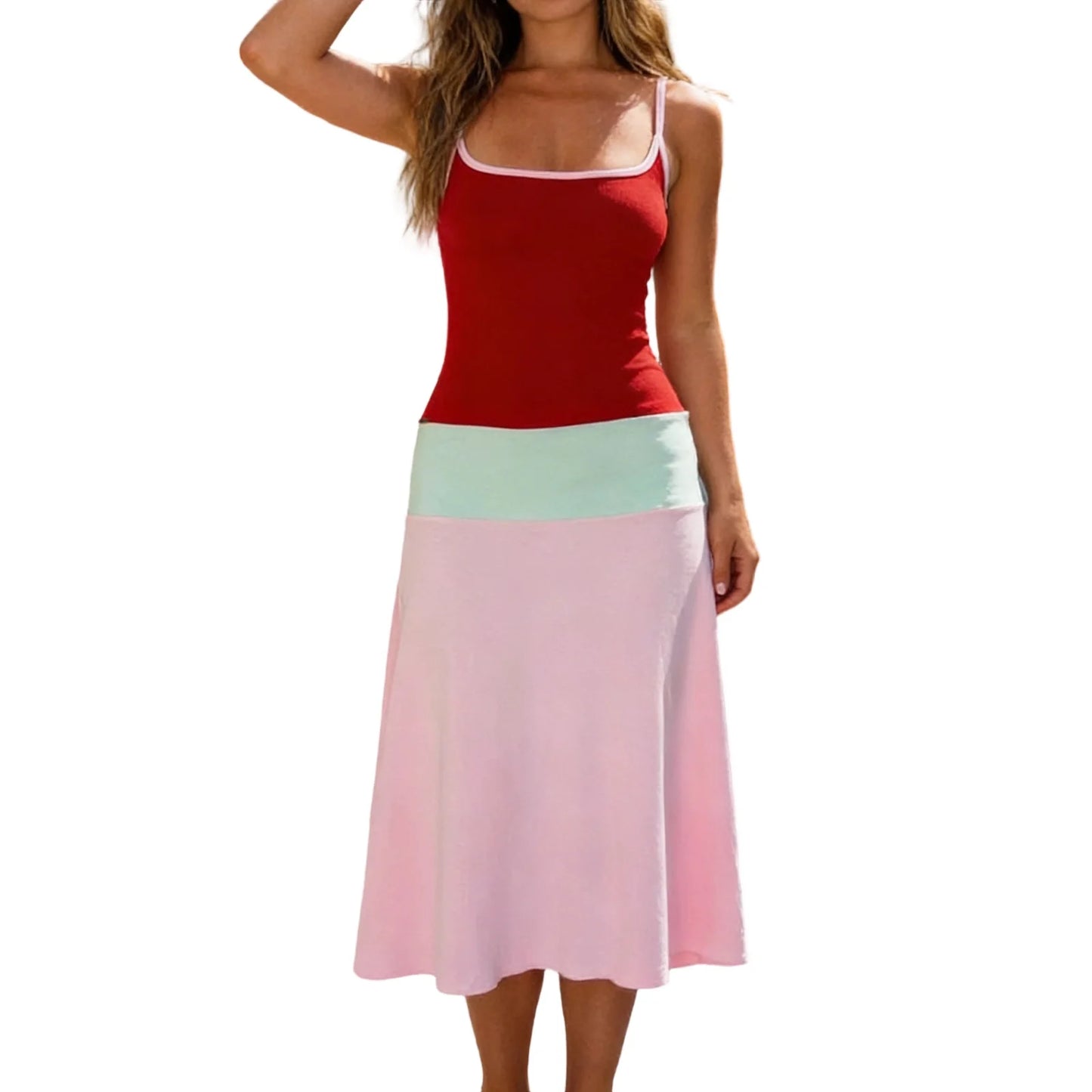 🍒Spaghetti strap tank dress short contrast colour dress for women fashion outfit sleeveless a-line vacation clothing beachwear holiday clothing casual summer wear Get CHOCO BLOCK compliments with this COLOUR dress