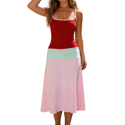 🍒Spaghetti strap tank dress short contrast colour dress for women fashion outfit sleeveless a-line vacation clothing beachwear holiday clothing casual summer wear Get CHOCO BLOCK compliments with this COLOUR dress