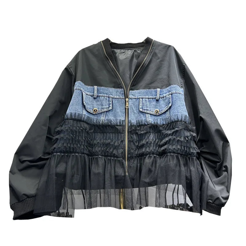 🍒Womens zipper cardigan Jackets v-neck loose fit casual outerwear long sleeve high street spring loose fit pockets and frills detail mixed media fashion clothing   You Will Be Frilled With This And Your Friends Will Be Green With Envy