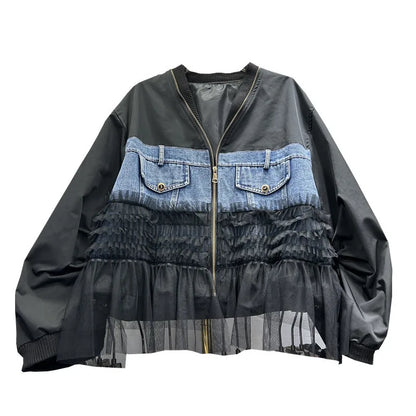 🍒Womens zipper cardigan Jackets v-neck loose fit casual outerwear long sleeve high street spring loose fit pockets and frills detail mixed media fashion clothing   You Will Be Frilled With This And Your Friends Will Be Green With Envy