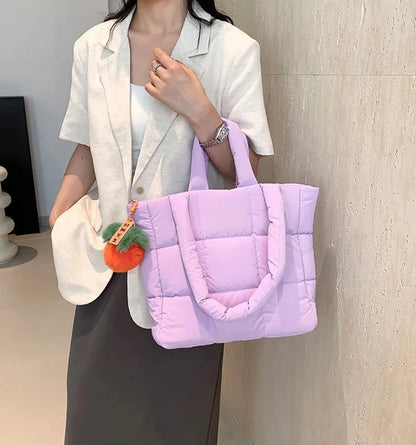 🍒Womens tote handbags quilted puff bag waterproof retro trendy shoulder bag large capacity solid colour soft casual accessory with decoration  don’t get PUFFed out with poor BAGs get this cutie