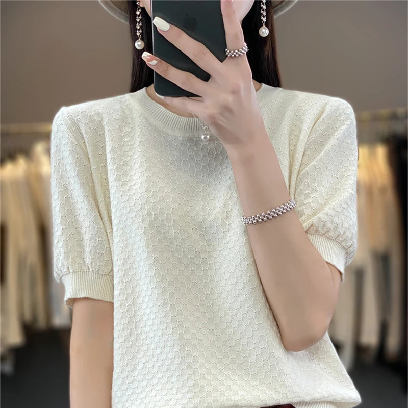 🍒Vroue se tekstuur-T-hemp somer katoen tops kortmou effekleur tee ronde hals los bloes gemaklike kledingstuk