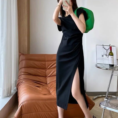 🍒Wit rokke slim gemaklik Vrouemode klere sjiek swart midi uitrusting eenvoudig elegant skraal Y2k styl klere Sny aan die kant Sygleuf Skraal