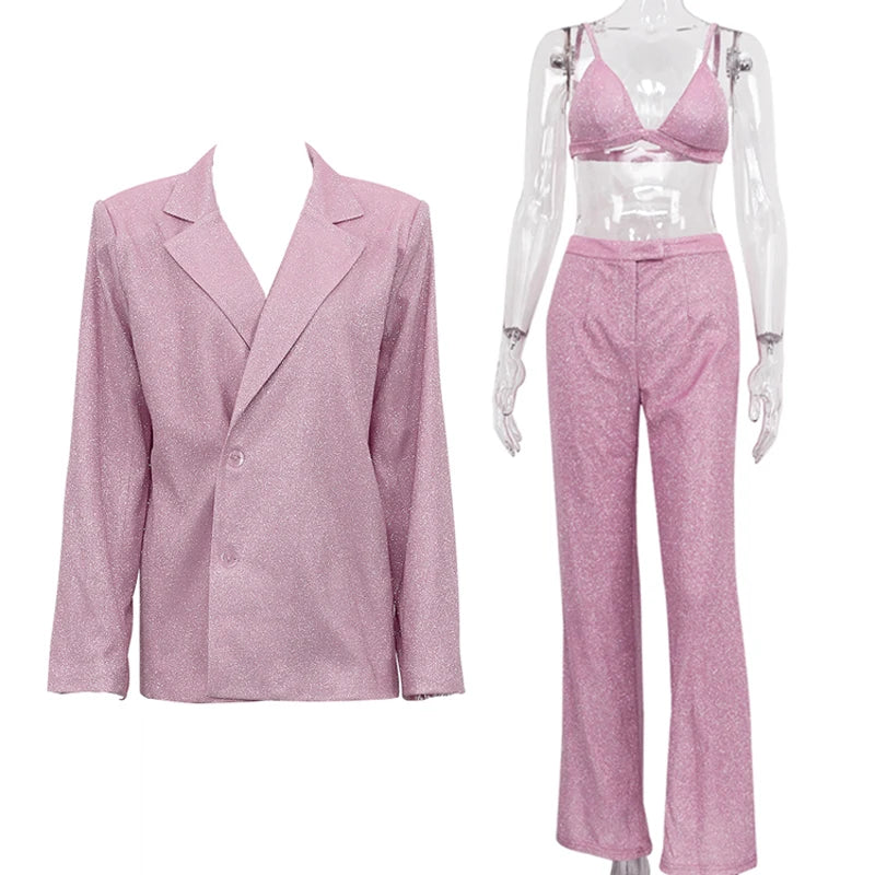 🍒Party sliver glitter three piece blazer sets for women fashion clubwear Sparkly Bra And Pants Matching set party occasion wear Get GlitZy