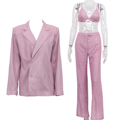 🍒Party sliver glitter three piece blazer sets for women fashion clubwear Sparkly Bra And Pants Matching set party occasion wear Get GlitZy