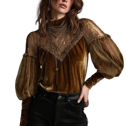 🍒Velvet shirt for women fashion long-sleeve turtleneck chiffon top vintage blouses for ladies retro puff sleeves mesh tops occassion partywear clothimg CHIFFON To Vint-ricate Vibing VELVET