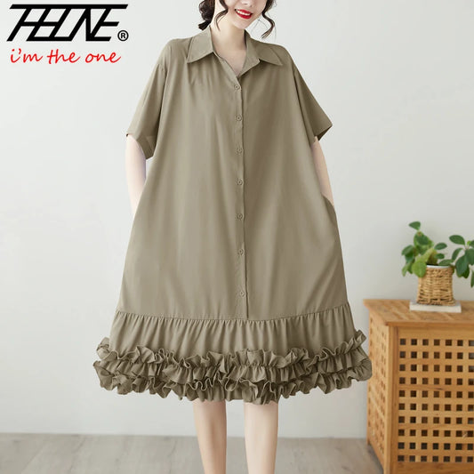 🍒Fashion summer dress women loose solid shirt dress turndown collar short sleeve casual outfit oversized You Will Get Shirty If You Miss out
