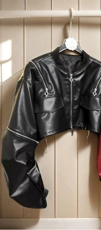 🍒pu cold shoulder leerbaadjie Y2K estetiese straatklere buiteklere los modes vroue soliede mode vroulike kort jas Bly snoesig in 'n koue skouerjas