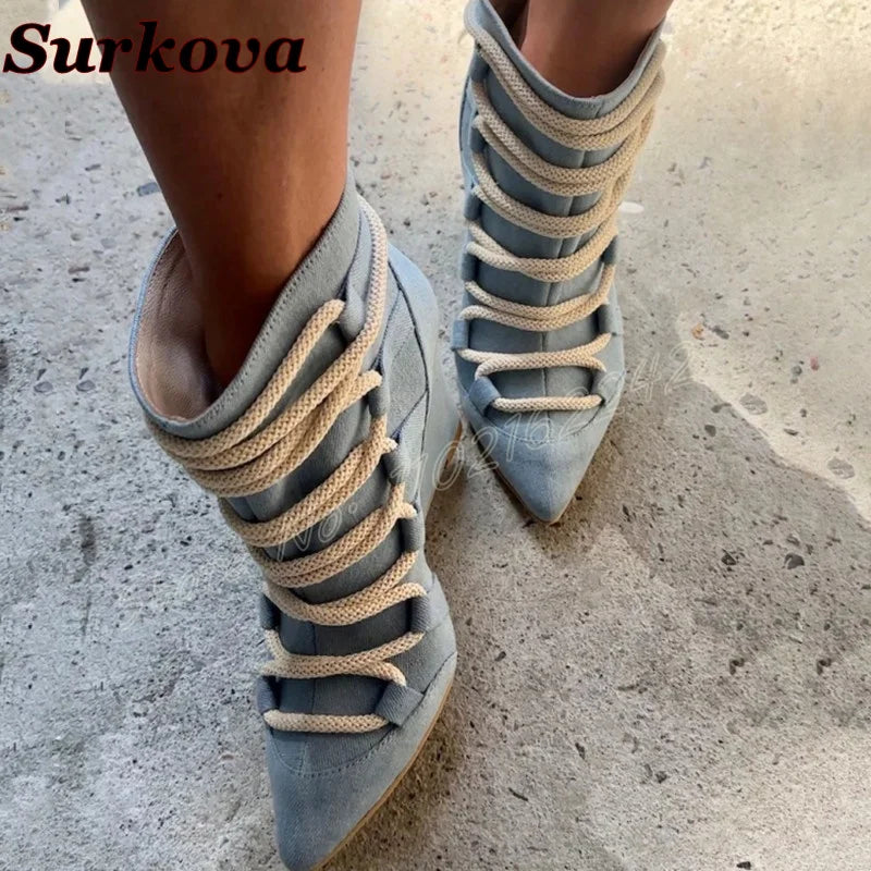 🍒Women's blue denim short boots ankle pointed toe lace-up woven wedge booties fashion party footwear smart casual heels shoes large size 46 Daytime or Do Dishy Denims