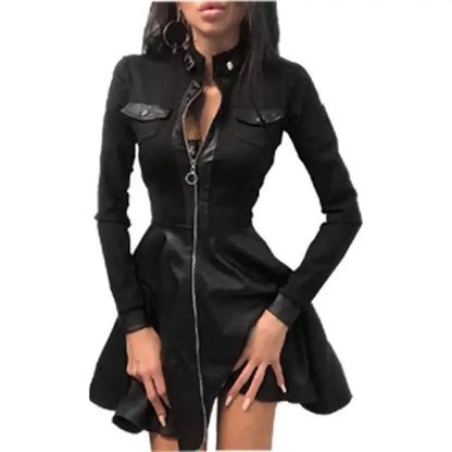 🍒Pu leerrok vir vroue kant gaas mou gemengde media mode partytjie rok mini elegante opstaande nek kraag a-lyn uitrusting Mooi Plaid Pu