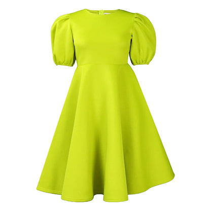 🍒Elegante rokke vir dames met O-nek, kortmoue, uitrusting vir verjaarsdagpartytjie, hoë middellyf, geplooide pofmoue, vrouemodemode, geleentheidsdrag, aandpartytjiedrag, middelkalf, luukse B'day Bopper Beauty Babe
