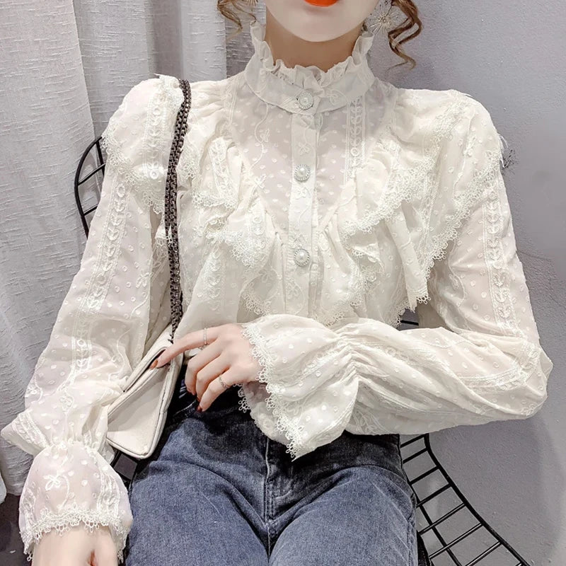 🍒Long sleeve ruffle blouse loose spring fashion button white shirt elegant stand collar top women lace chiffon casual shirt occasion wear Look All 'white In White