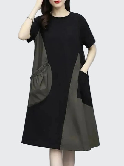 🍒Street style fashion dress t-shirt style short sleeve round neck outfit smart casual women's patchwork and pocket summer wear Patch Up Your Fashion And pocket the Change