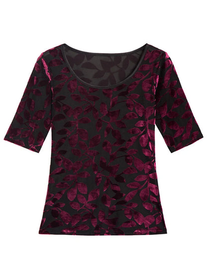 🍒Summer tops for women round neck velvet top devore t-shirt fashion flower gauze short sleeve tee smart casual clothing