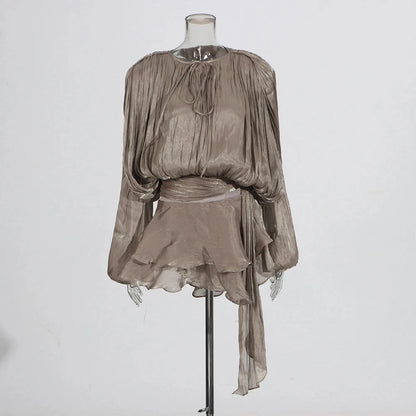 🍒Soliede dasnekrok met hoë middellyf en ruffle vir vroue, langmou mini-partytjieklere, klubdrag, geleentheidsklere, vroulike mode, Swier In Ruffles