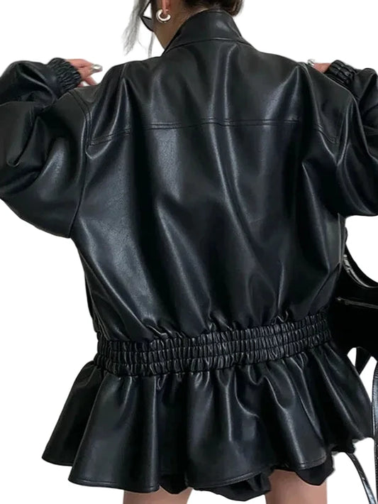 🍒黑色PU皮夹克，松紧腰荷叶边下摆外套，女士长袖宽松时尚春秋休闲外衣。穿上这款松紧腰夹克，拓展您的造型。