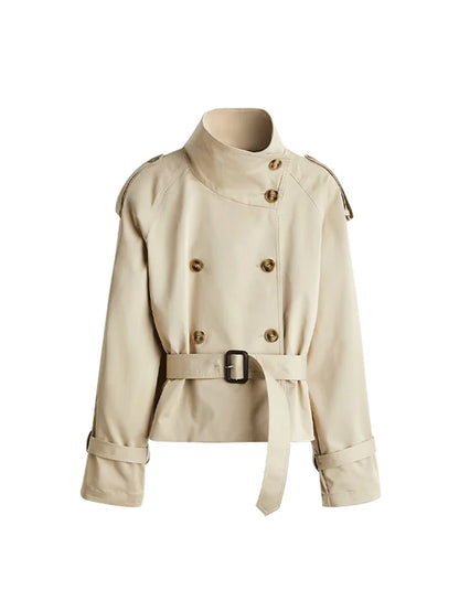 🍒Flared sleeve jacket belt coat for women elegant stand collar double breasted coat long sleeved outerwear female autumn winter fashion commuter keep abreast of belted double breast