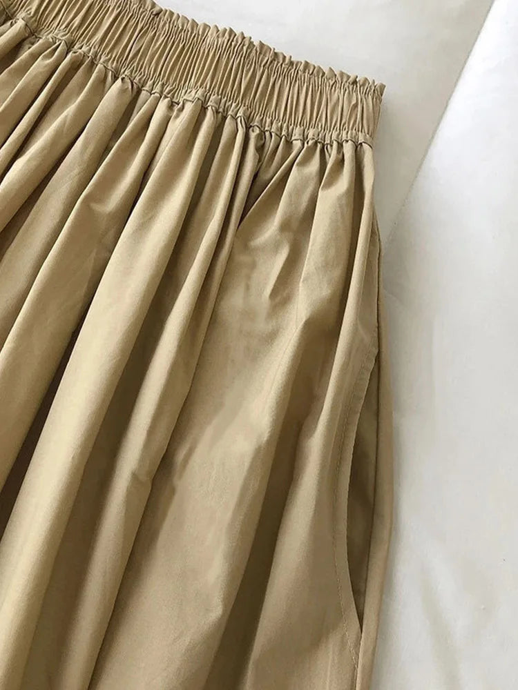 🍒Geplooide knielengte romp met sakke, vroue wit lang romp, eenvoudige mode, somerklere, slim toevallige drag, alledaagse noodsaaklikhede, alledaagse drag, elegante hoë middellyf A-lyn vroueromp uitrusting, Eenvoudig Maklik