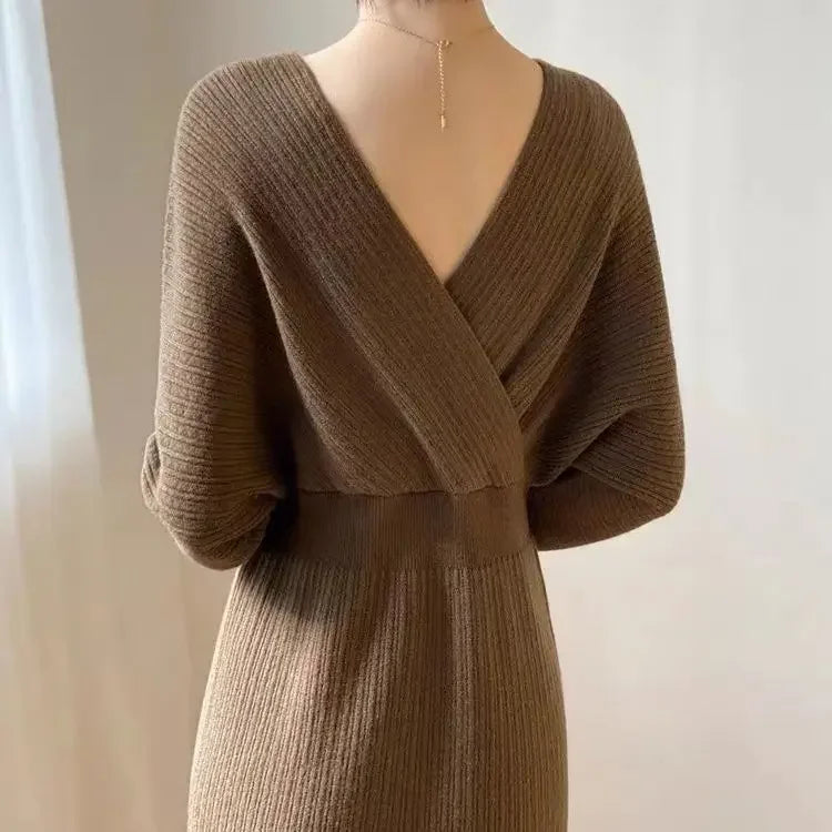 🍒V-nek gebreide rok kruis-oor elastiese middel vlermuismou uitrusting skraal pasvorm elegante herfs winter mode slim gemaklike drag vroue Spring In Breiwerk