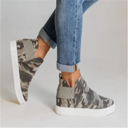 🍒帆布休闲靴 春夏秋大码系带滑板鞋女圆头中帮运动鞋休闲弹力口懒人平底鞋 豹纹漫步