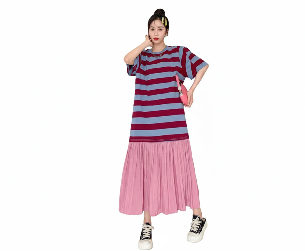 🍒Summer women midi dresses plus size false two-piece cotton stripe mixed media outfit casual wear holiday fashion wear stripee Plain And Simple