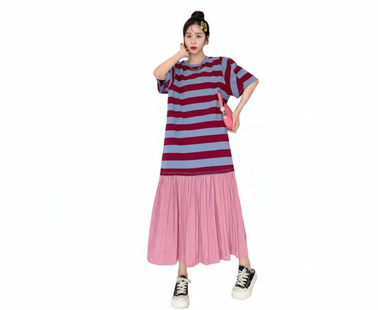 🍒Summer women midi dresses plus size false two-piece cotton stripe mixed media outfit casual wear holiday fashion wear stripee Plain And Simple